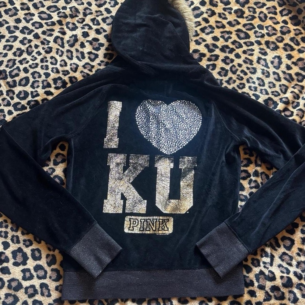 PINK Victoria's Secret Black Hoodie with Brown Fur Trim